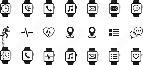 Black silhouette smartwatch icon set featuring wearable technology symbols for fitness tracking heart rate monitoring messaging music and digital health communication branding design projects