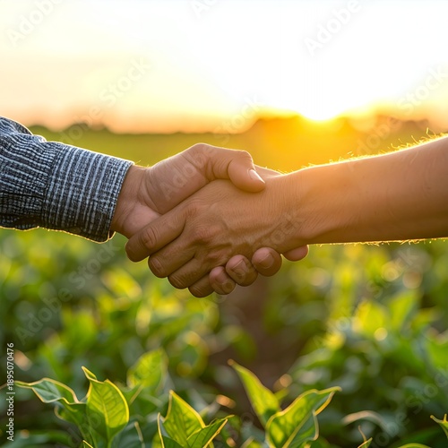Farmers Shaking Hands in a Field at Sunset.