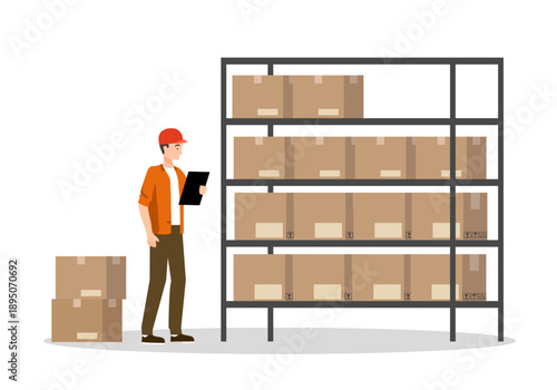 Illustration of a warehouse worker checking inventory on shelves filled with boxes, representing storage management, stock control, and logistics operations.
