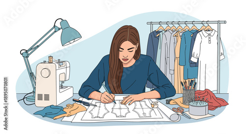 Professional fashion designer working at her desk drawing clothing patterns with a sewing machine and a garment rack in the background.
