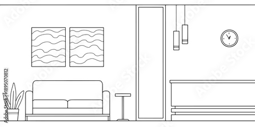 Reception in the office room graphic black white interior sketch illustration vector
