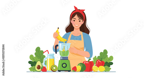 Young woman in an apron adding a banana to a blender while surrounded by a variety of healthy fresh vegetables and fruits for juicing.