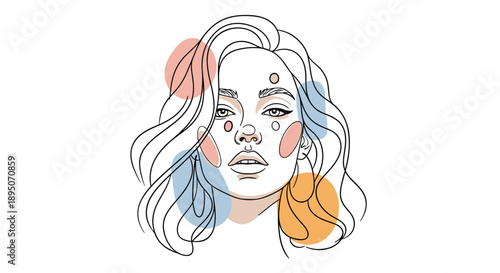 Artistic line drawing of a beautiful woman face with colorful abstract geometric shapes for eyes, cheeks, and hair for modern art styles.