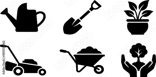 Gardening and Agriculture Icon Set: Watering Can, Shovel, Potted Plant, Lawn Mower, Wheelbarrow, and Tree Planting vector, icon set, glyph