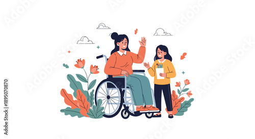 Woman in a wheelchair waving her hand while a young girl approaches her in a beautiful garden setting filled with colorful flowers and leaves.