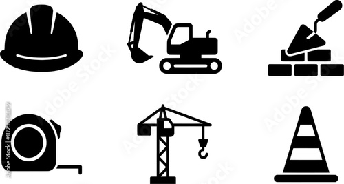 Construction and Engineering Icon Set: Hard Hat, Excavator, Brick Wall, Tape Measure, Tower Crane, and Traffic Cone construction icons set ,vector, icon set