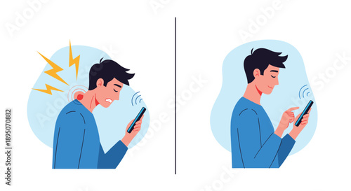 Comparison illustration of a man showing bad neck posture versus good upright posture while looking at a smartphone screen for health tips.