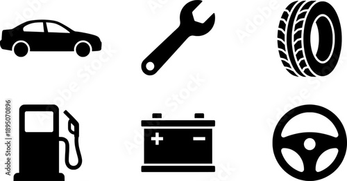 Automotive and Car Service Icon Set: Sedan, Wrench, Tire, Fuel Pump, Battery, and Steering Wheel Vector Symbols