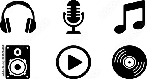 Music and Audio Icon Set: Headphones, Microphone, Musical Note, Speaker, Play Button, and Vinyl Record Vector Symbols