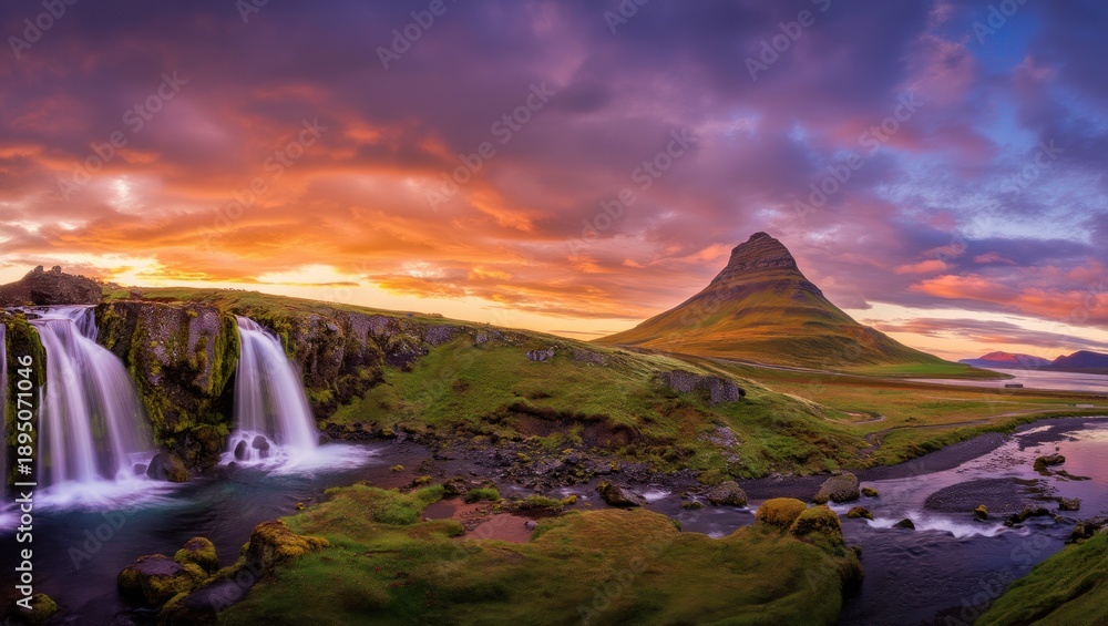 Naklejka premium The Kirkjufellsfoss is a series of iconic waterfalls situated in front of Kirkjufell mountain on the Snæfellsnes Peninsula in Iceland