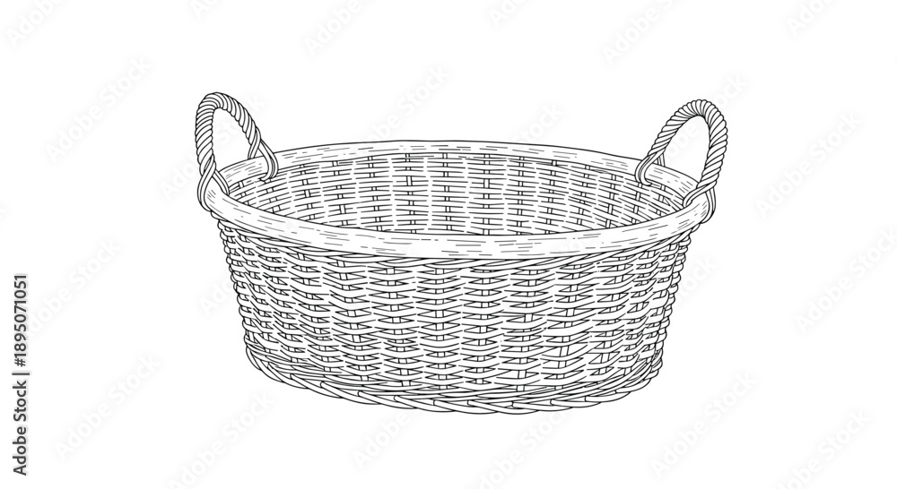 Obraz premium Hand drawn sketch of an empty woven wicker laundry basket with two sturdy handles isolated on a clean white background.