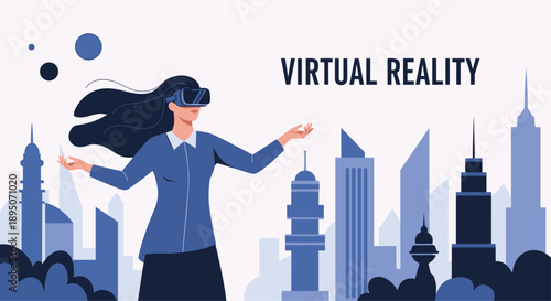 Young woman wearing a virtual reality headset and exploring a digital city with skyscrapers in a high-tech environment.