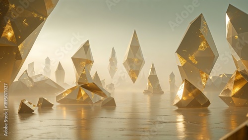 Golden Crystal Landscape: Abstract rendering of gem-like structures in a surreal environment
