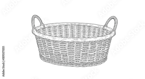 Hand drawn sketch of an empty woven wicker laundry basket with two sturdy handles isolated on a clean white background.