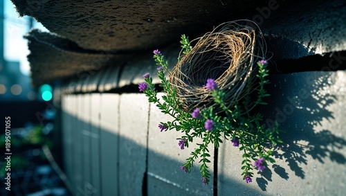 A bird's nest with purple flowers thriving on a crumbling brick wall in urban setting