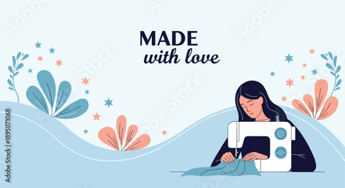 Young woman focused on sewing fabric using a white sewing machine in a creative workspace with decorative floral elements.