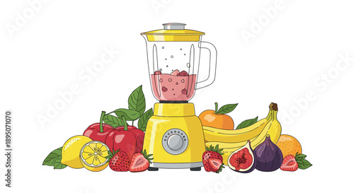 Electric blender filled with fruit smoothie surrounded by various fresh fruits including bananas, berries, and citrus fruits.