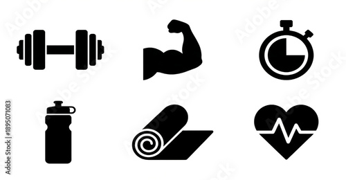 Fitness and Gym Icon Set: Dumbbell, Muscle Arm, Stopwatch, Yoga Mat, Water Bottle, and Cardio Heart. vector illustration of a set of icons