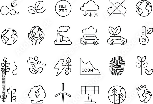 Environmental and ecology line icon set featuring net zero carbon footprint renewable energy wind turbine solar power and global warming climate change symbols