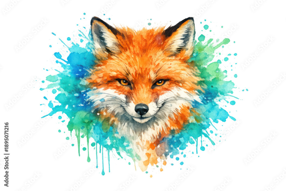 Naklejka premium Red fox head watercolor painting with vibrant blue and green paint splashes, creative wild animal portrait illustration