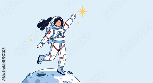 Young female astronaut in a space suit standing on the moon surface and reaching out towards a bright shining star.