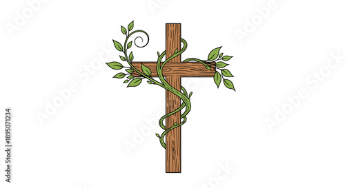 Simple wooden cross with a green leafy vine growing around it symbolizing faith, eternal life, and spiritual rebirth.