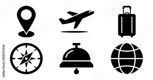 Travel and Tourism Icon Set: Airplane, Luggage, Compass, Hotel Bell, Map Pin, and Globe. set of icons for travel Vector set