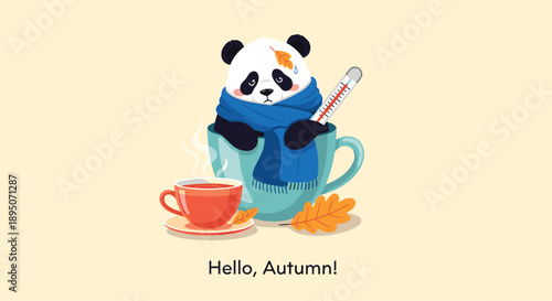 Cute panda bear wearing a blue scarf and holding a thermometer while sitting in a large cup during the autumn season.