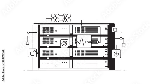 Intricate electronic server rack with multiple modules and circuit boards forming a high-tech computing chassis.