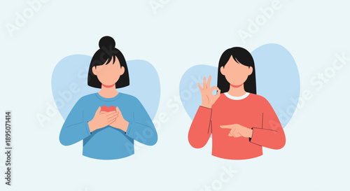 Two young women communicate using sign language where one places hands over a heart and the other makes an okay gesture with a smile.