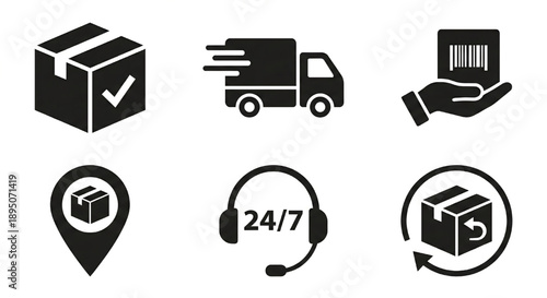 E-commerce Supply Chain and Order Fulfillment Vector Symbols for Logistics Apps. 
Icon Sheet