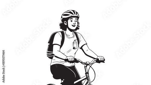 Person riding a bicycle wearing a helmet and backpack in an urban setting.