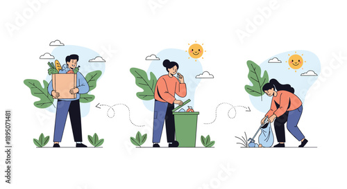 Sequence of three characters demonstrates environmental responsibility through sustainable shopping, organic waste composting, and litter cleanup.