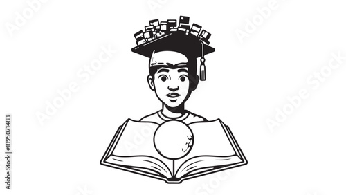 Illustrated woman holding an open book with a globe emblem, conveying learning and knowledge.