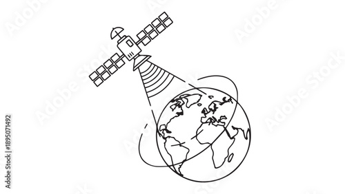 Playful cartoon satellite orbiting a sketchy globe illustration.