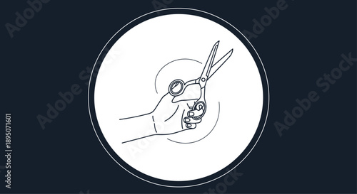 Detailed line drawing shows a hand expertly wielding a pair of professional scissors within a circular frame for a haircutting logo.