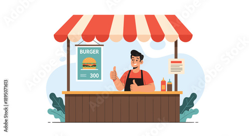 Friendly food stall vendor stands behind a wooden counter with a burger sign while giving two enthusiastic thumbs up gestures.