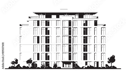 Modern multi story residential building with glass windows and balconies, urban street view in monochrome.