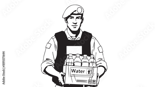 Illustration of a utility worker holding a water container in uniform and safety gear.
