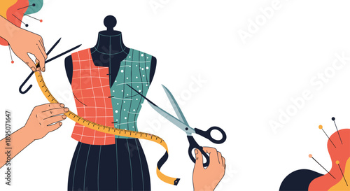 Professional tailor uses yellow measuring tape and large scissors to adjust a garment on a dress form in a fashion design studio.