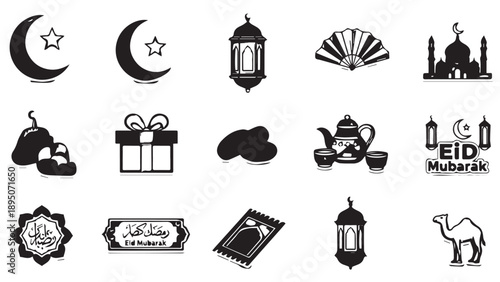 A collection of Islamic cultural symbols featuring lanterns, crescents, stars, and mosque silhouettes at night.