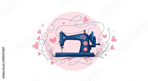 Ornate vintage sewing machine is decorated with delicate swirls and pink hearts on a soft pink circle for a sewing and craft theme.