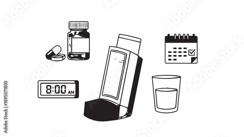 Morning routine essentials featuring pills, clock, calendar, blender, glass and cup icons.