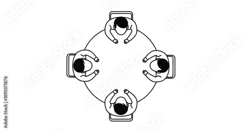 Four people sitting in a circle with coffee cups and smartphones around a table