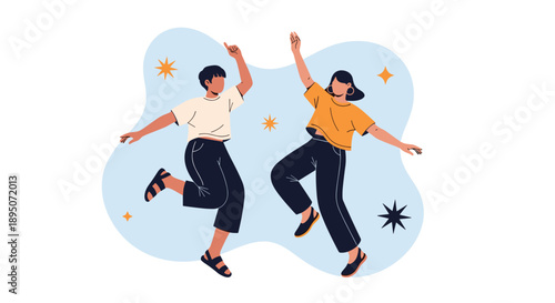 Two happy young people dancing and jumping with joy against a playful blue background decorated with stars and abstract shapes.