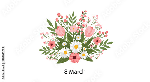 Elegant spring bouquet of pink tulips and white daisies tied with a bow, dedicated to the celebration of international women's day.