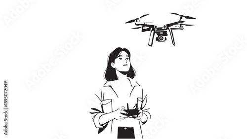 Illustration of a woman with plants watching a drone overhead in monochrome.