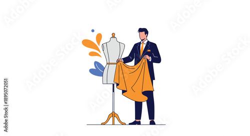 Professional male tailor in a suit carefully draping a piece of orange fabric over a white dress form mannequin in a studio.