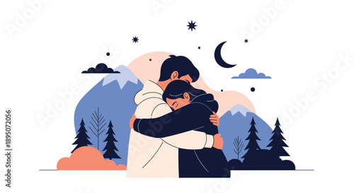 Romantic couple in hoodies sharing a warm hug in a dark forest at night under the crescent moon and starry sky with mountains.