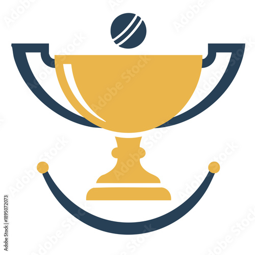 Minimal trophy cup icon representing cricket match victory, flat vector illustration, two solid colors (gold yellow and dark blue), centered object, white background